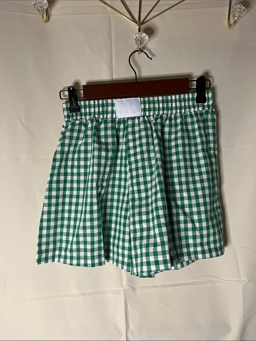 SHEIN Green & White Gingham Elastic Waist Shorts